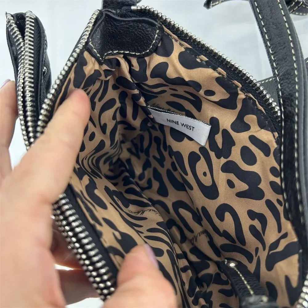 Nine West Women's Black Quilted Crossbody Bag Small Leopard Print Organizer